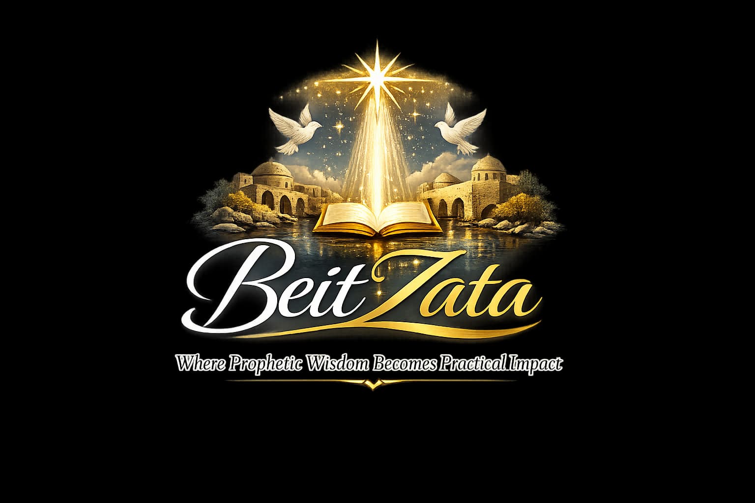 BeitZata logo with slogan in white and gold, transparent background