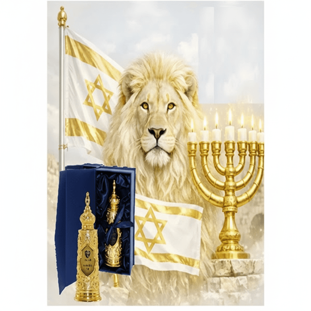 Majestic white lion with golden menorah, Torah scroll, and white and gold Israeli flags.