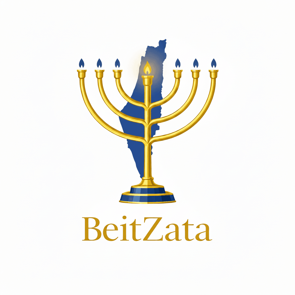 BeitZata - golden menorah with flame in blue outline of Israel