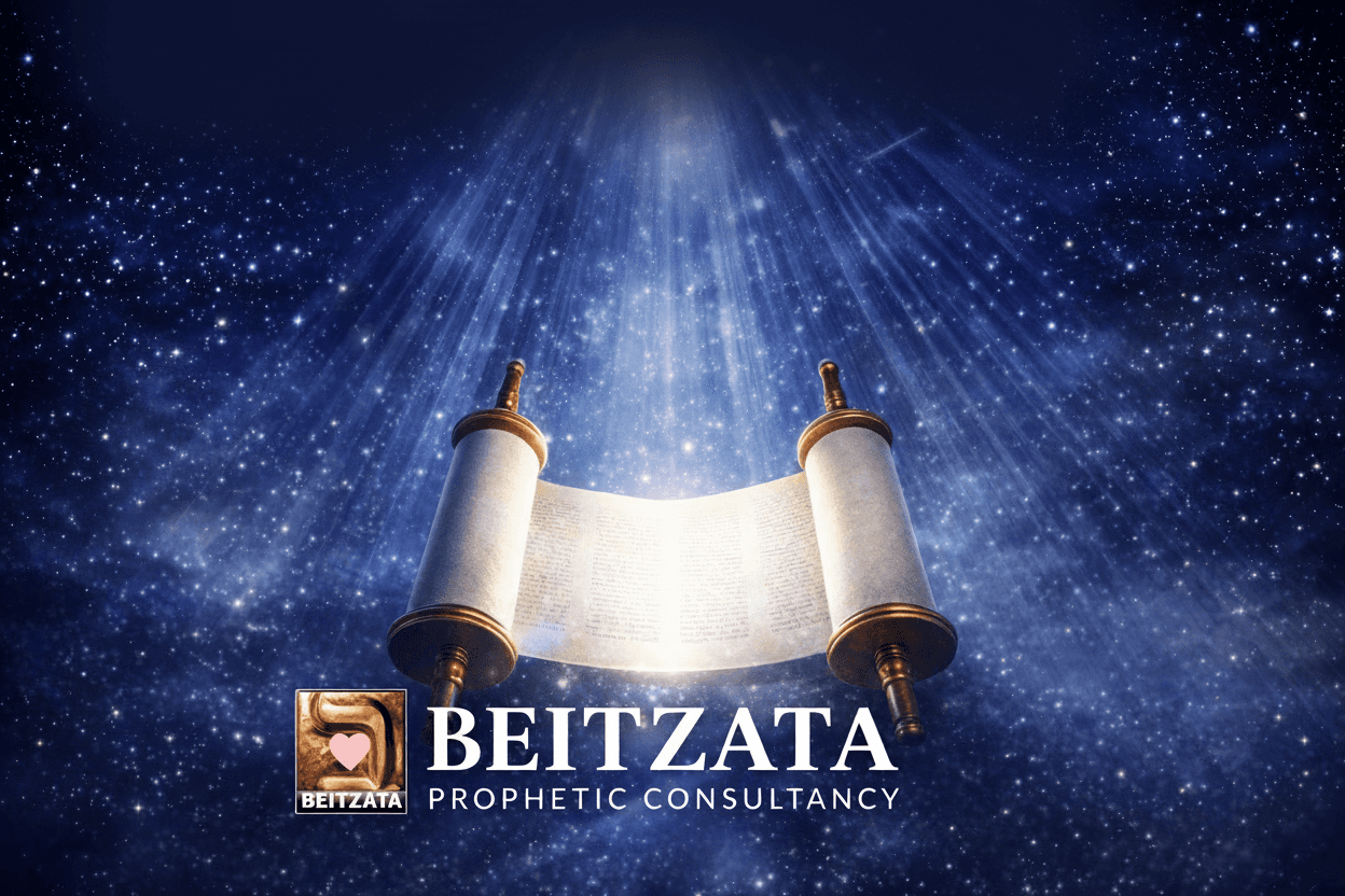 Glowing Torah scroll under heavenly light in a starry sky for Beitzata Prophetic Consultancy.