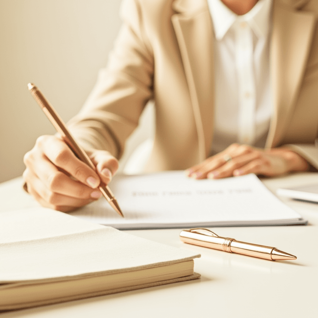 Close-up of a person in a beige blazer writing on paper with a gold pen.