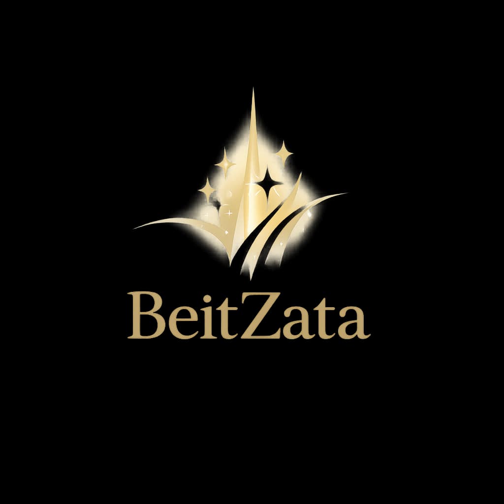 Minimalist logo for BeitZata with abstract light beams in gold and white, symbolizing divine guidance.
