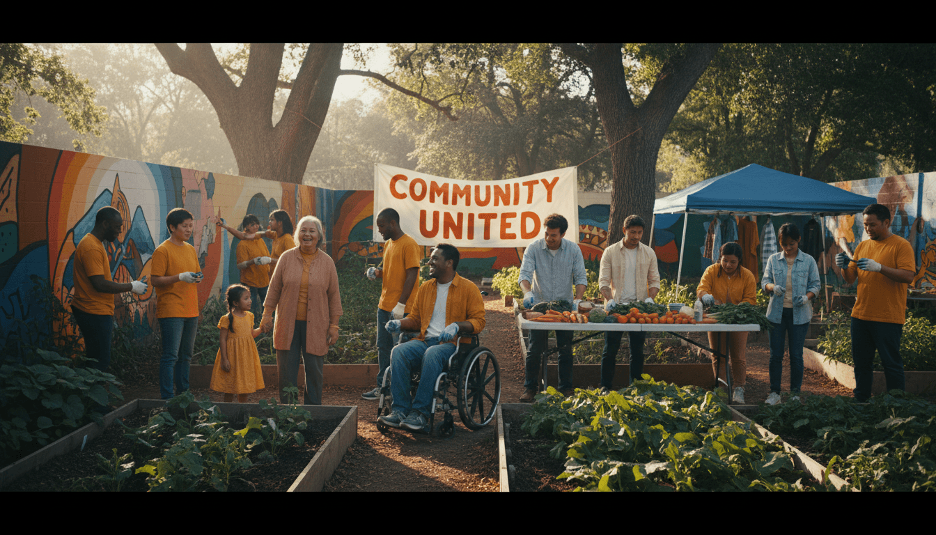 Diverse volunteers working together in a warm, inclusive community setting