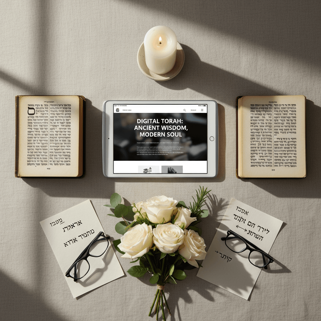 Flat lay of blog content with Torah materials and spiritual elements