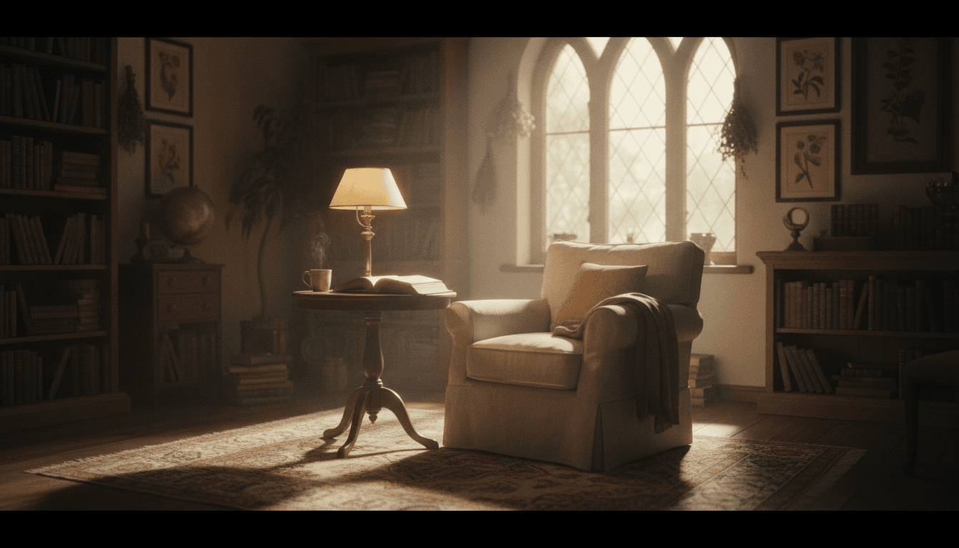 A serene, contemplative aesthetic photograph of soft natural light filtering through a window into a peaceful study space.