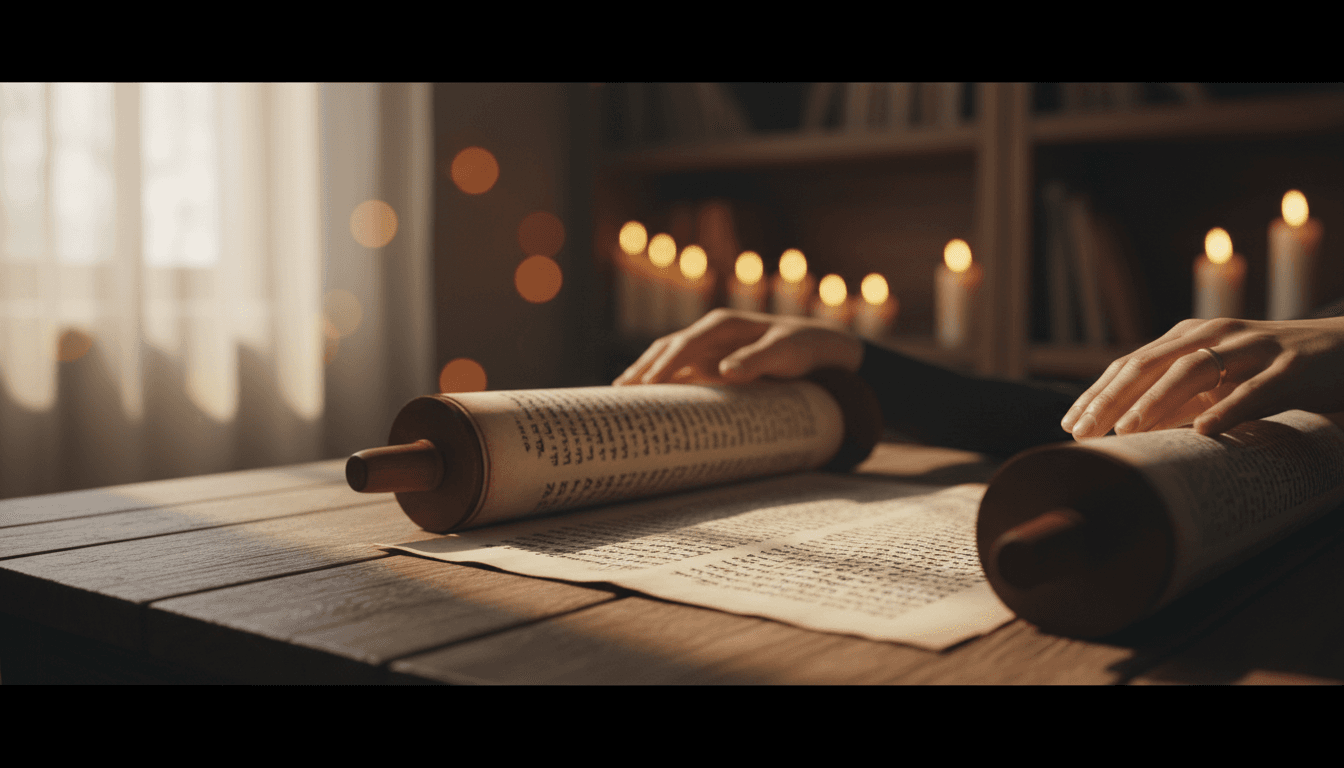 Open Torah scroll on a wooden table with natural light illuminating the sacred text