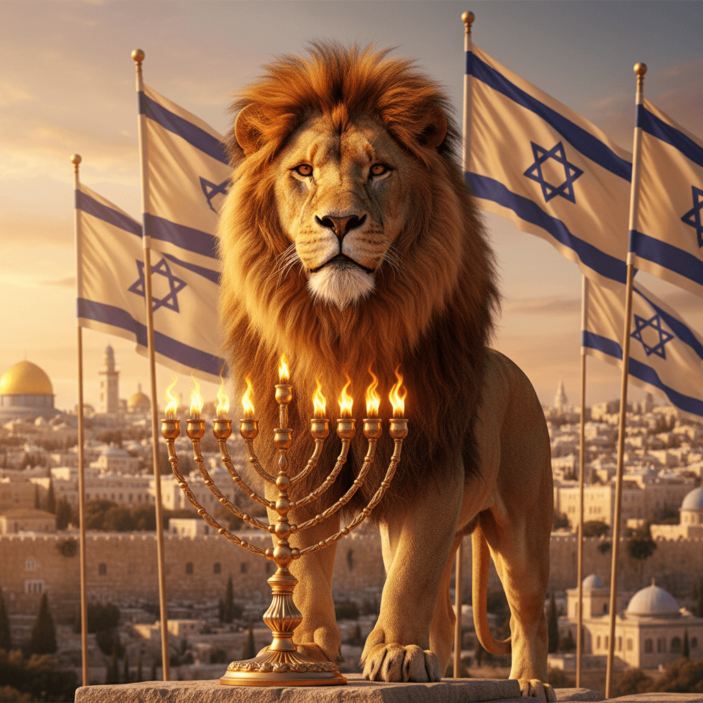 Majestic lion of Judah with golden Israeli flags and lit menorah in Jerusalem.