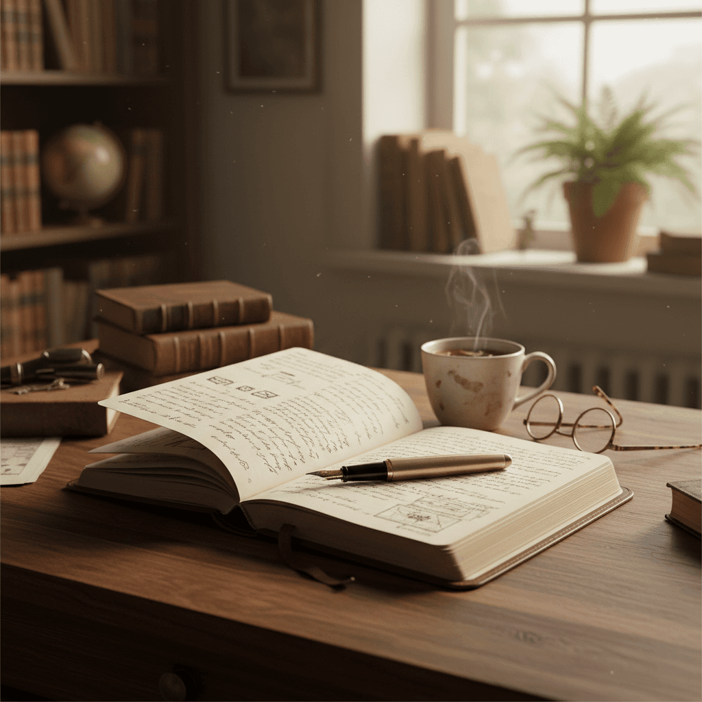 Open journal with handwritten notes on wooden desk