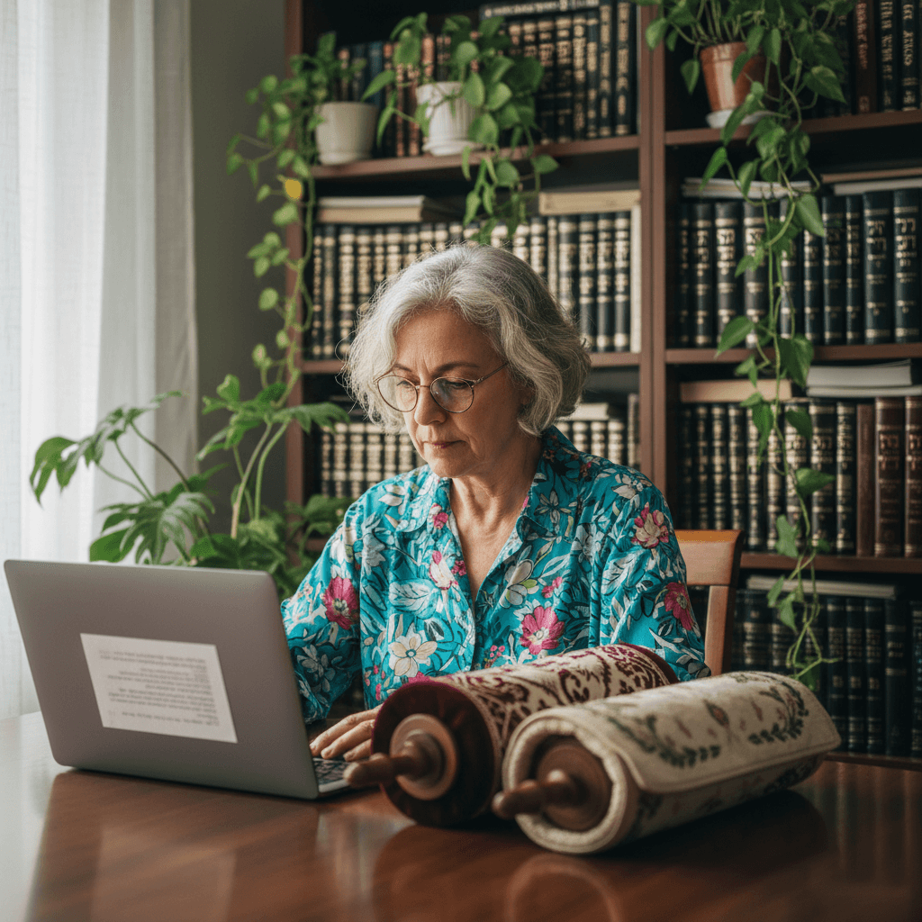 Woman with grey hair and glasses in a spiritual consultancy, surrounded by Torah scrolls and a laptop.