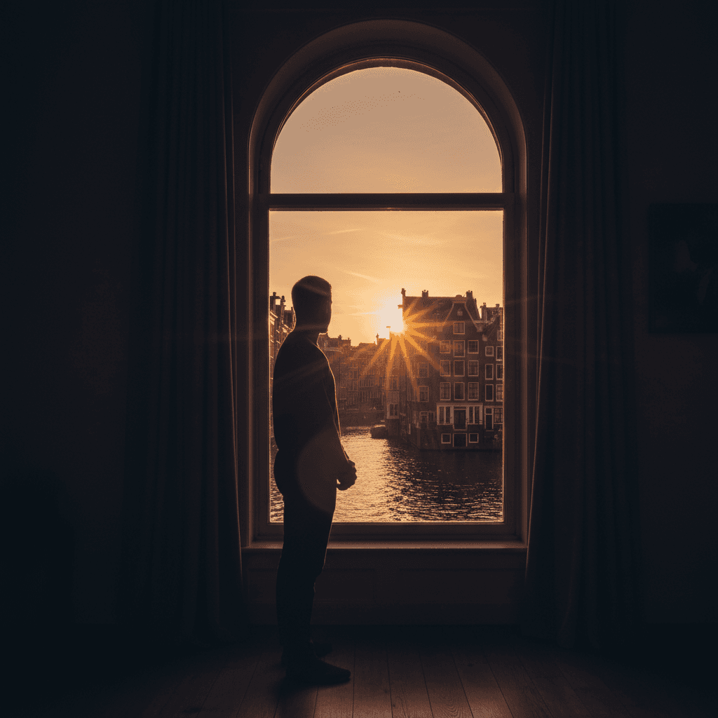 Silhouette of person in contemplation overlooking Amsterdam canals