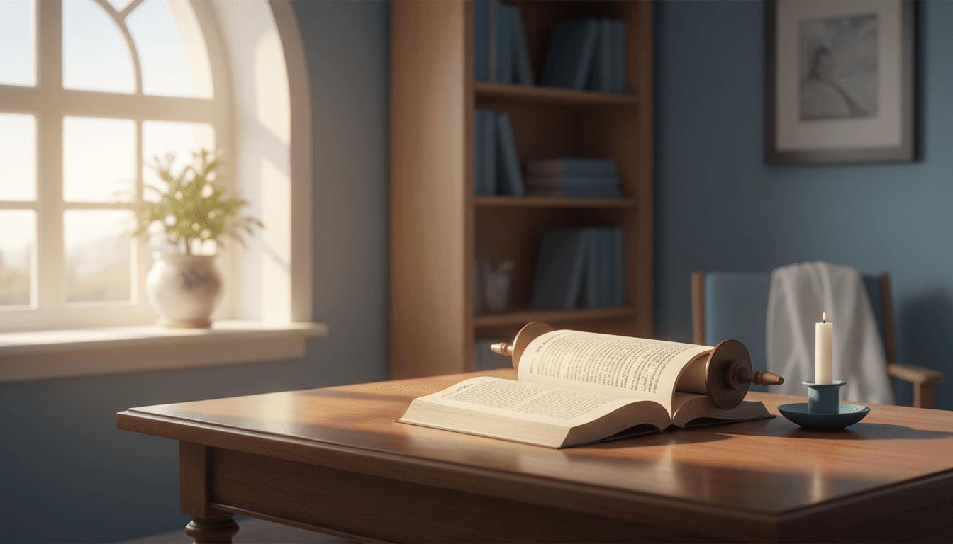 Open Torah scroll with soft natural light creating a serene study atmosphere