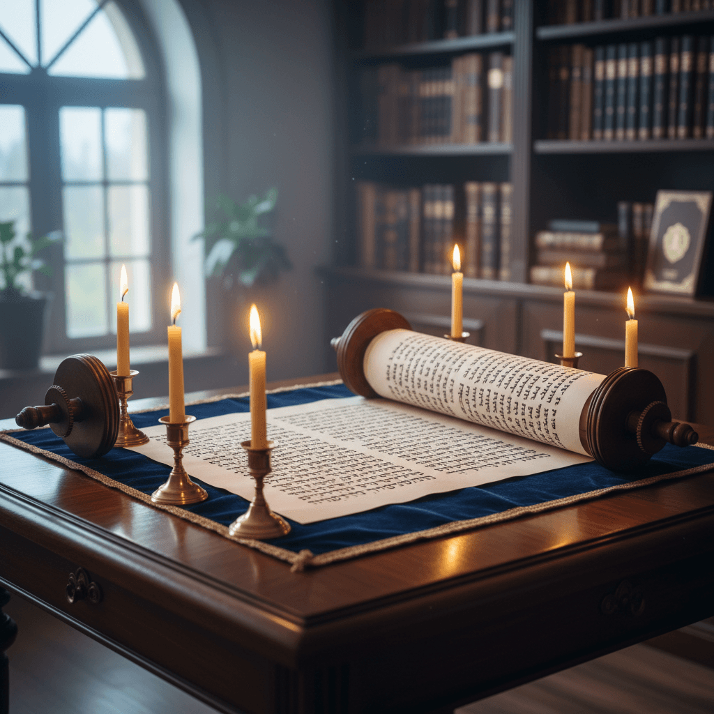Hebrew Torah scroll unrolled on a table with candlelight in a serene setting