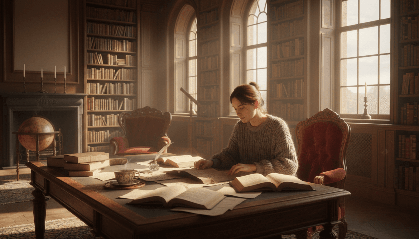 Person studying sacred text in a warm, peaceful library environment with natural lighting