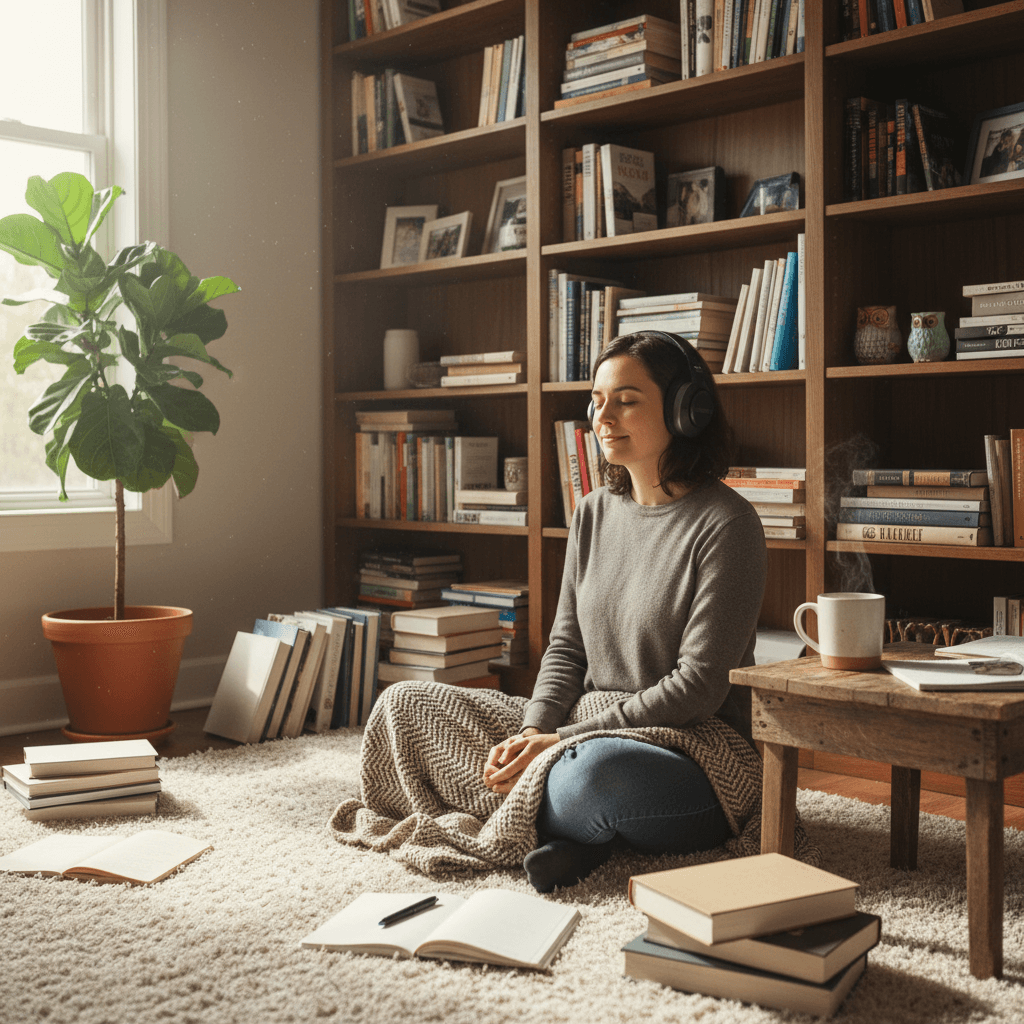 Listener engaged with audio content in comfortable home environment