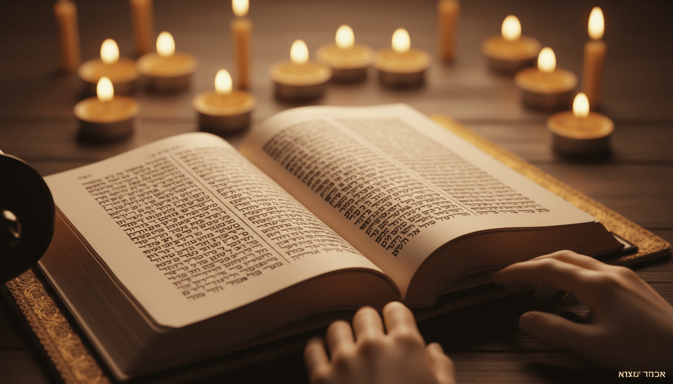 Open spiritual text with candlelit background and hands in contemplative study