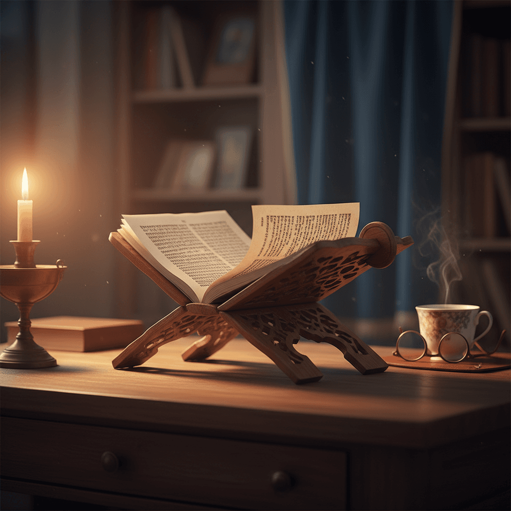 Torah scroll open on wooden desk with soft candlelight