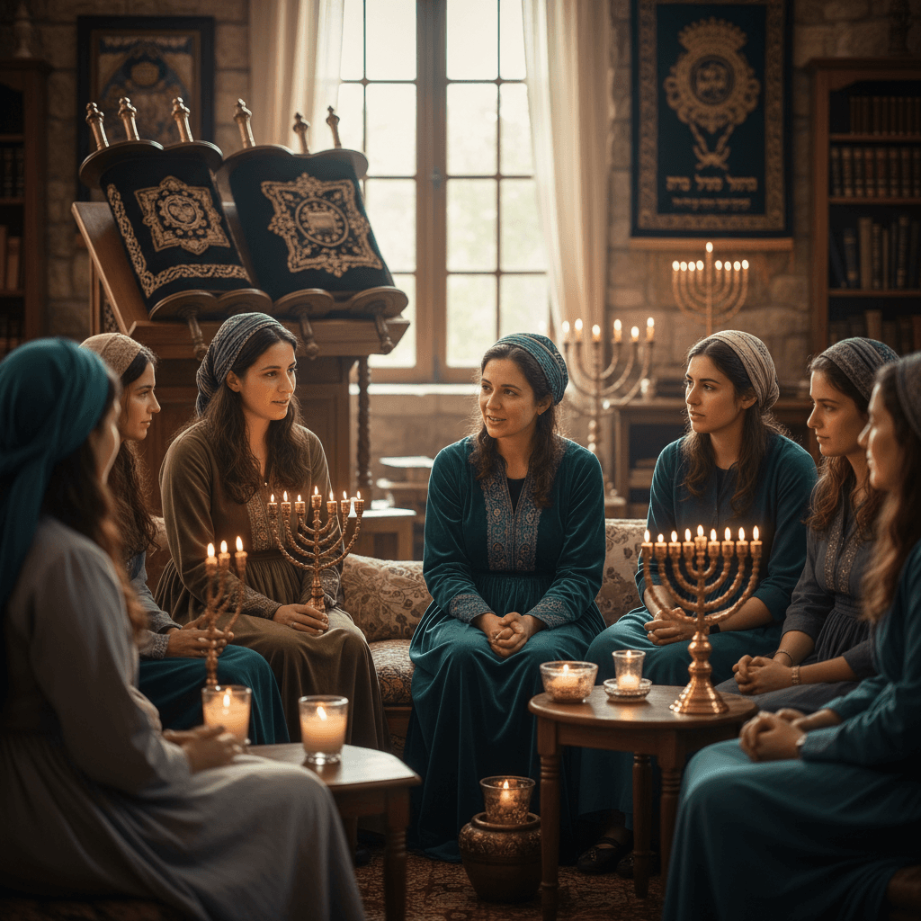 Jewish women in a warm, spiritual discussion with Torah scrolls and candlelight.