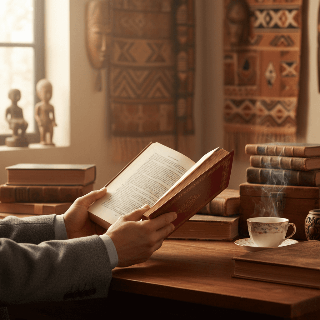 Person's hands holding open hardcover book at wooden desk with stacked volumes, African artifacts, and warm natural light