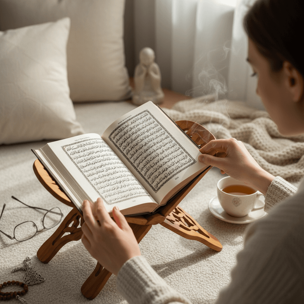 Person studying religious text on wooden stand with hands gently turning pages in soft natural light