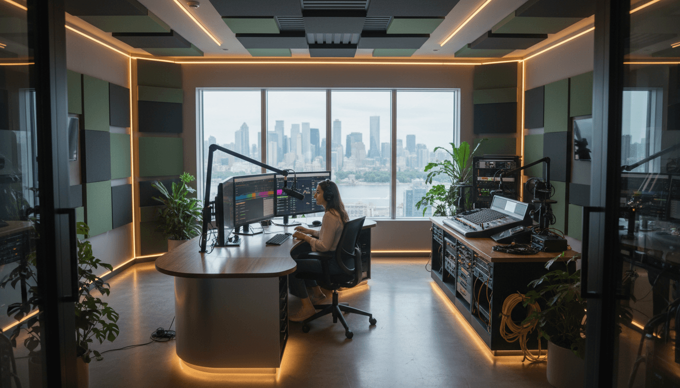 Professional modern radio broadcasting studio with host at microphone, multiple monitors, acoustic panels, and urban skyline visible through windows
