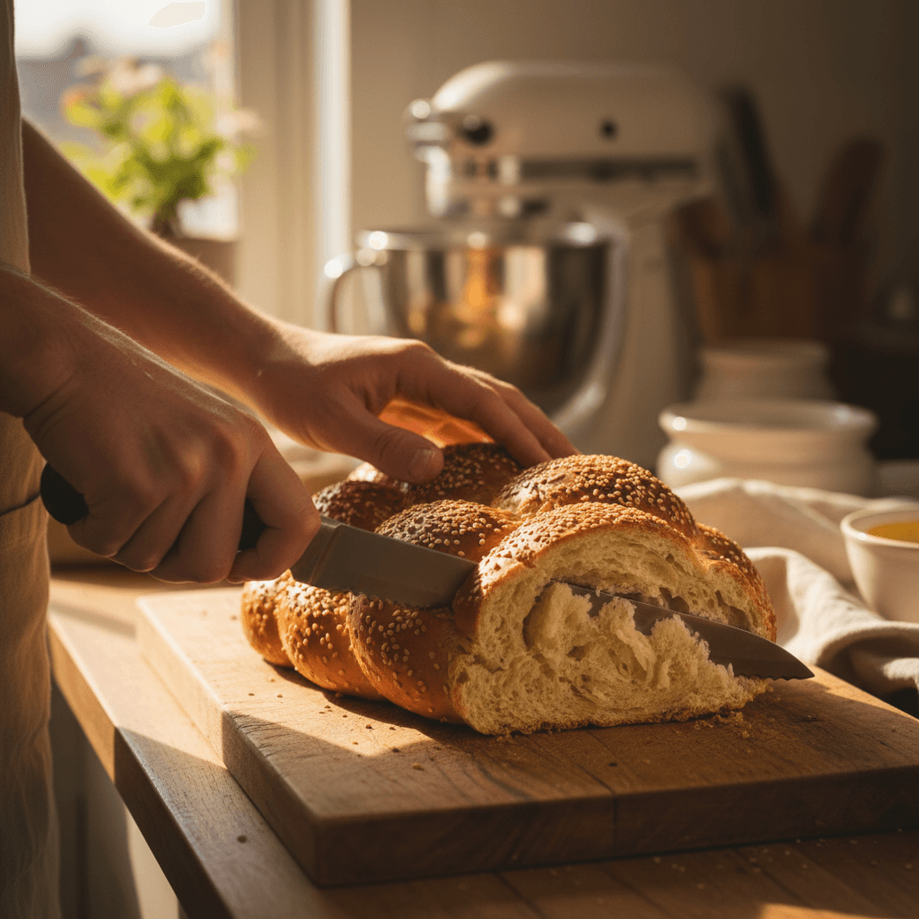 Baker's hands slicing freshly baked braided challah bread revealing soft interior and sesame seeds