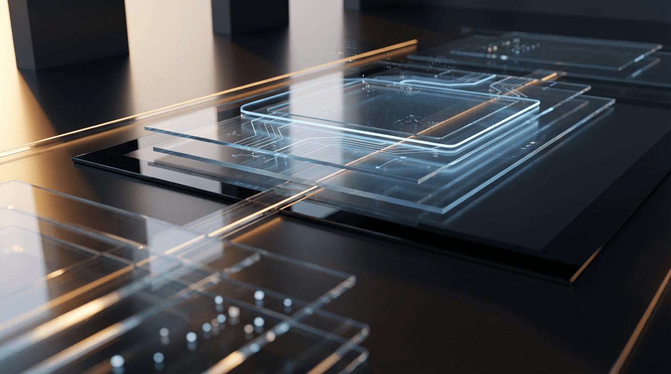 Modern digital interface with soft glowing blue accents and geometric patterns, overhead cinematic view with warm light transitions.