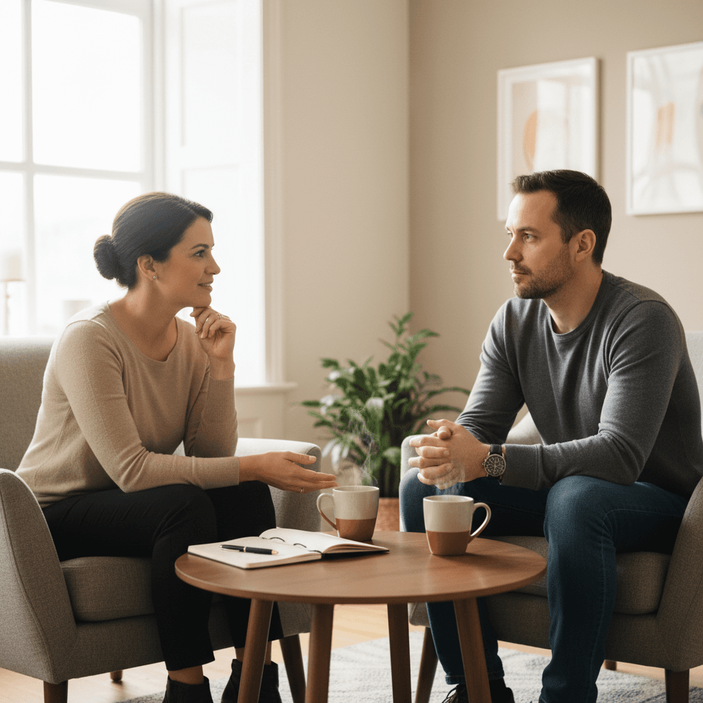 Coach and client engaged in focused one-on-one coaching conversation in calm, bright consultation room