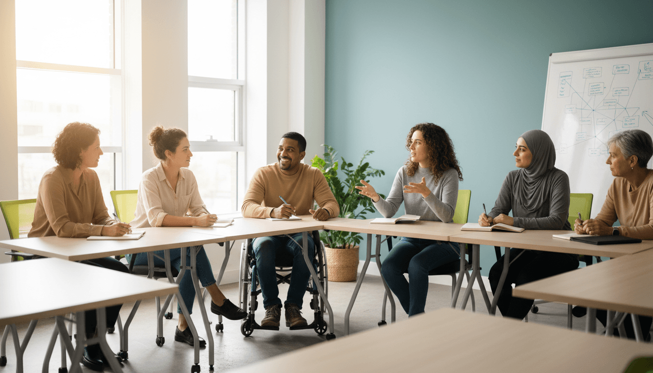 Diverse group of six professionals in semi-circle engaged in collaborative learning workshop with natural daylight and modern training space