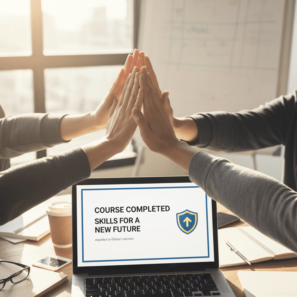 Diverse hands celebrating with high-five gesture above laptop displaying course completion certificate and achievement badge
