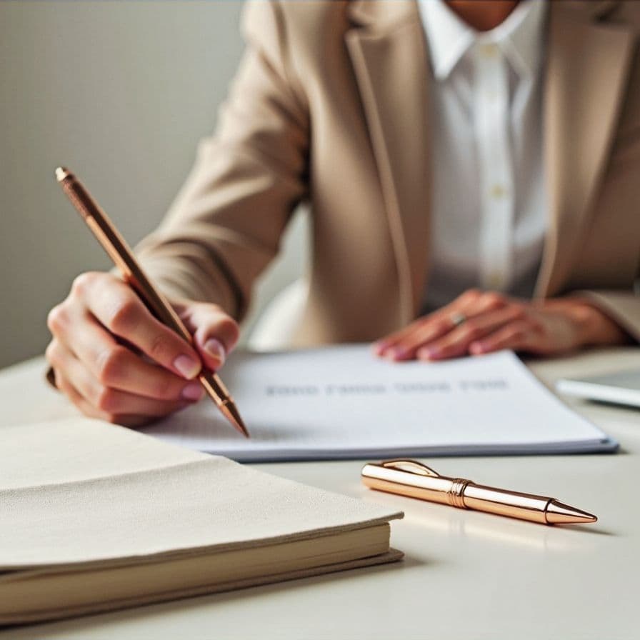 Professional in a tan blazer writing on a document with a rose gold pen.
