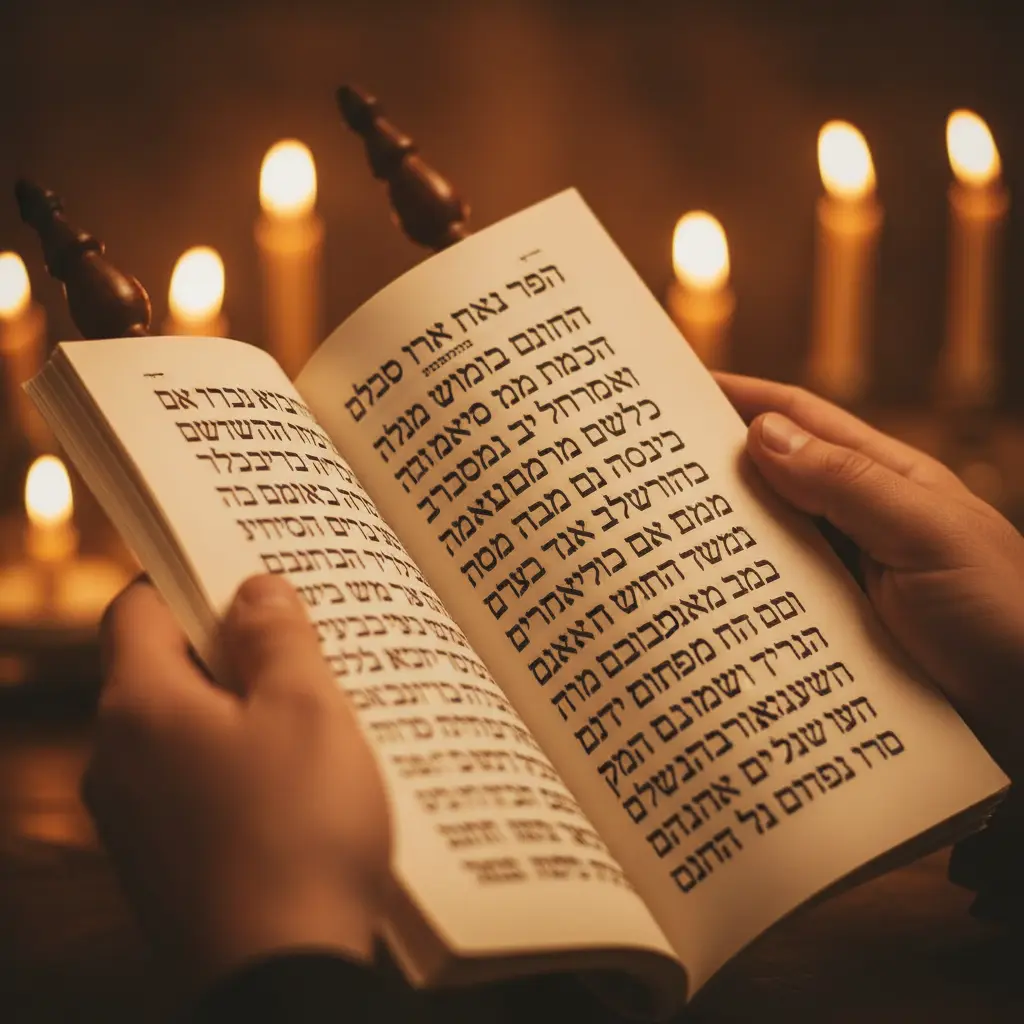Hands holding an open book with Hebrew text against a background of glowing candles.