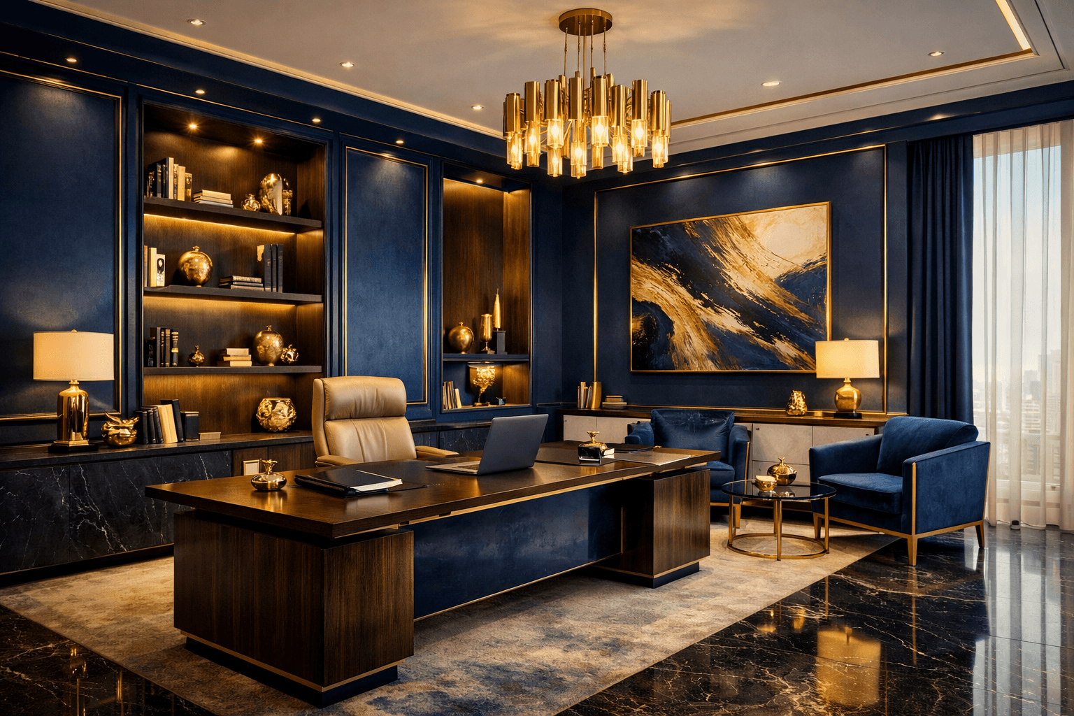 Luxurious navy and gold executive office with a large wooden desk and plush velvet armchairs.