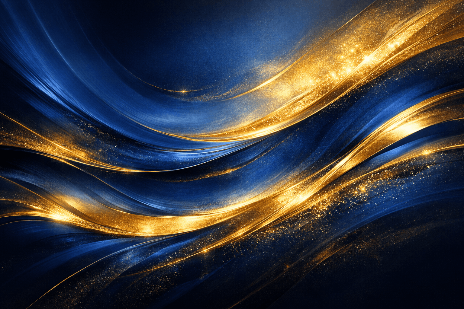 Abstract background featuring flowing navy blue waves and shimmering golden streaks with sparkling glitter.