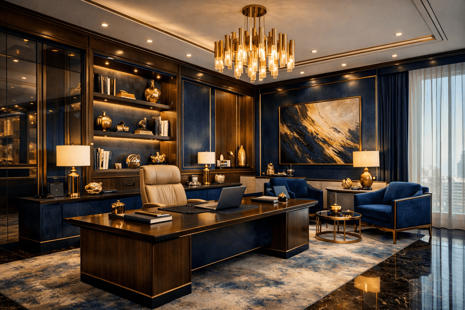 Luxurious executive office featuring a dark wood desk, blue velvet armchairs, and gold accents.