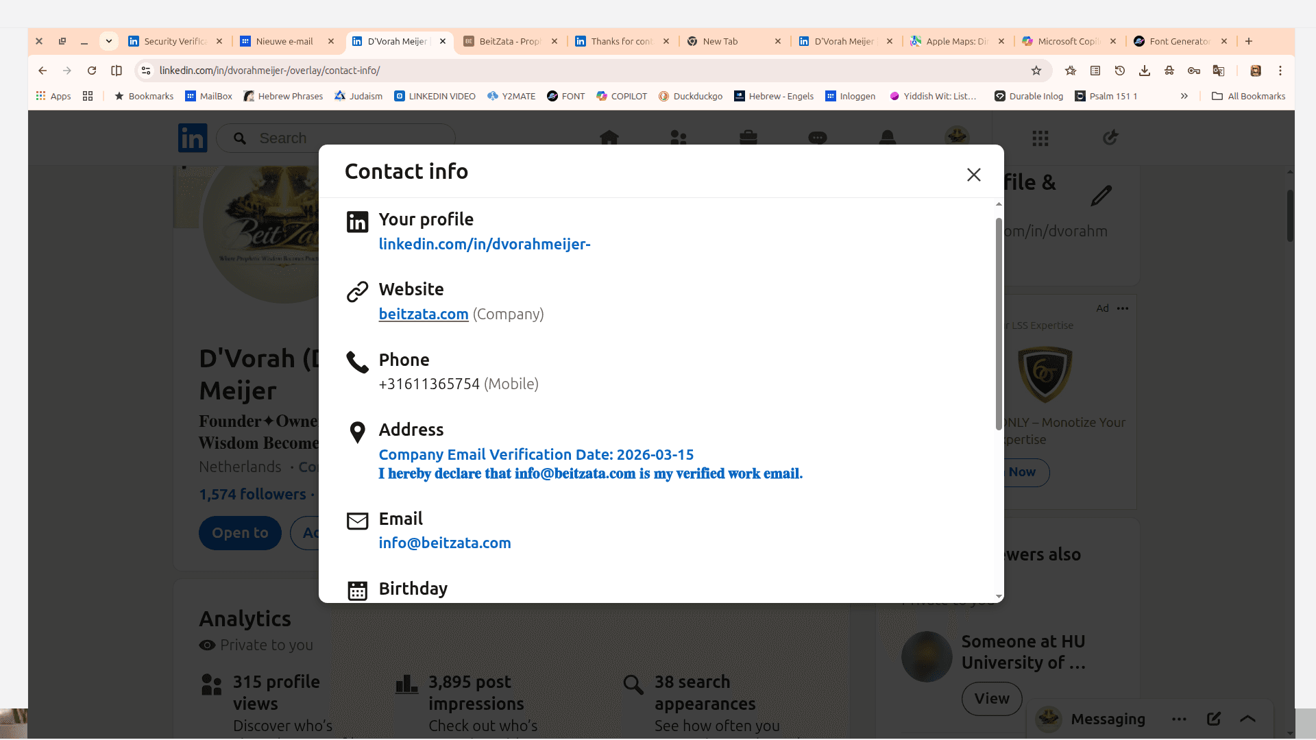 LinkedIn contact info pop-up for D'Vorah Meijer showing profile link, website, phone, and email.