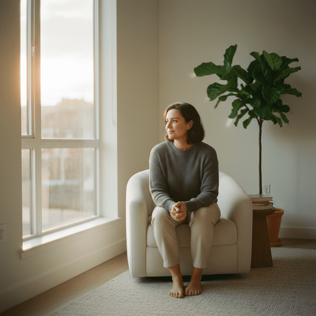 Woman in a grey sweater sits in a white armchair, looking out a sunlit window.