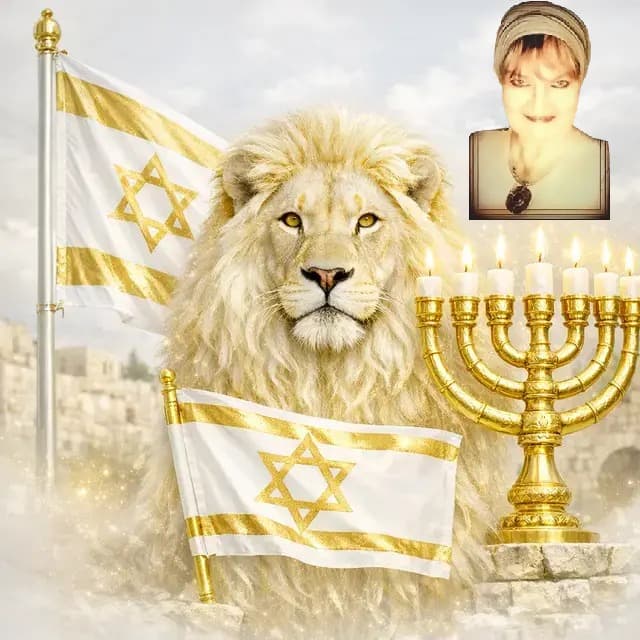Majestic white lion with golden Israeli flags, a lit menorah, and a woman's portrait.